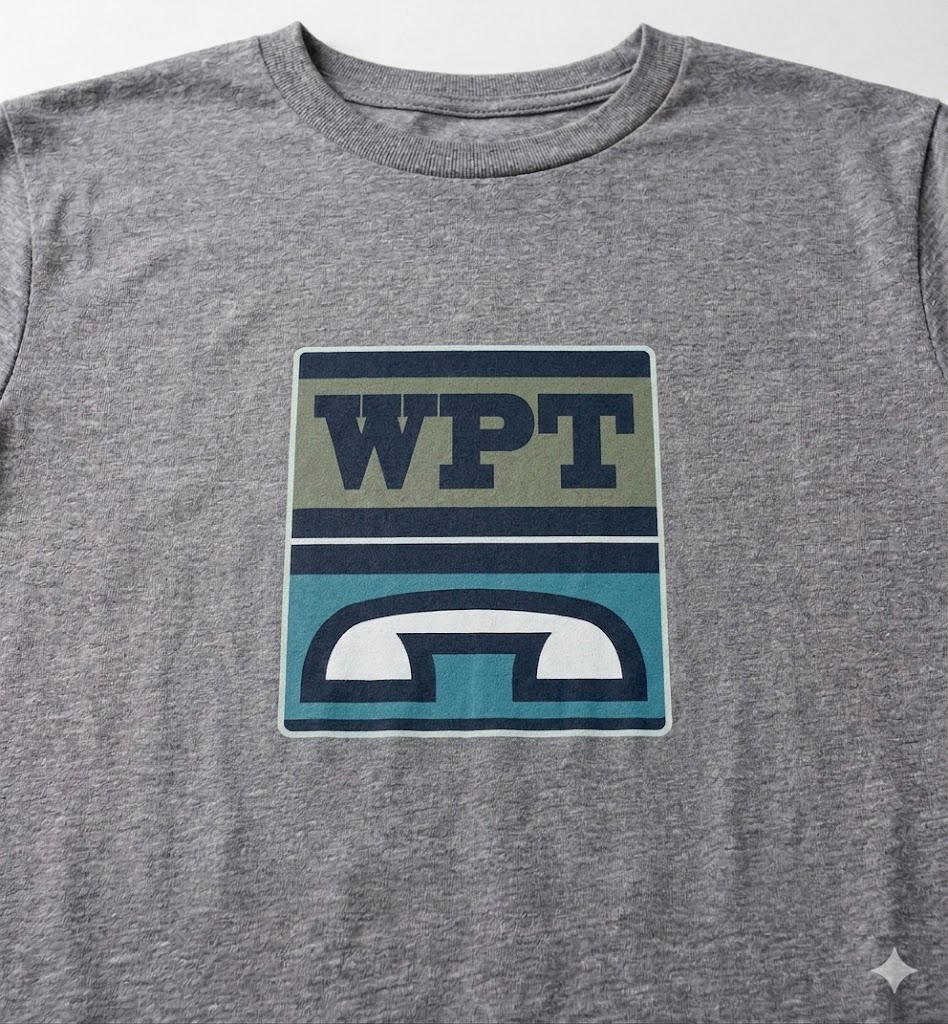 Heather grey t-shirt with the WPT logo silk-screened across the chest. The logo shows an olive-green top section with bold navy 'WPT' lettering, and a teal lower section featuring a stylized white telephone receiver outlined in navy.